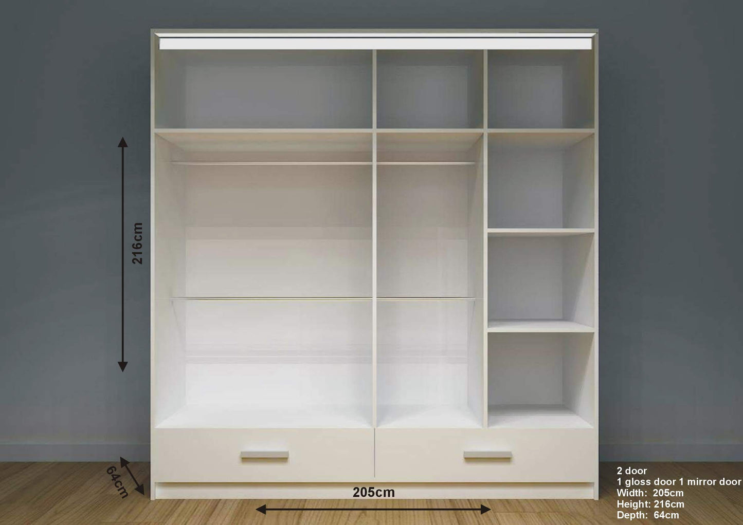 205cm,256cm Florence high glass sliding door wardrobe