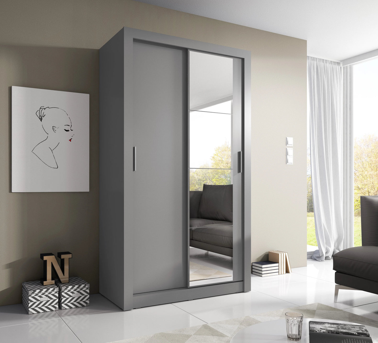 120cm,150cm, 180cm, 203cm,250cm Lyon  full mirror sliding door wardrobe